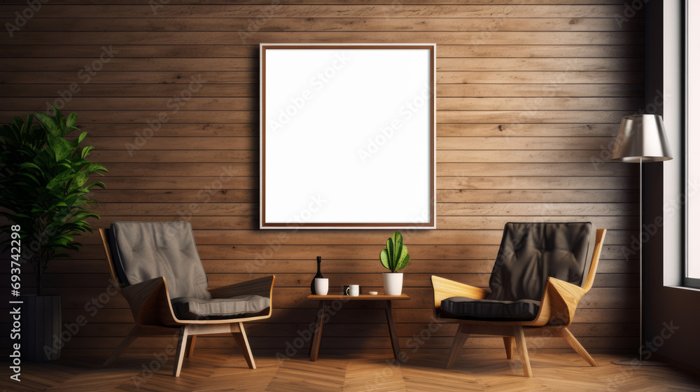 Stylish room interior with blank canvas and comfortable seating. Contemporary and art display concept Generative AI Stylish room interior with blank canvas and comfortable seating. Contemporary and art display concept Generative AI