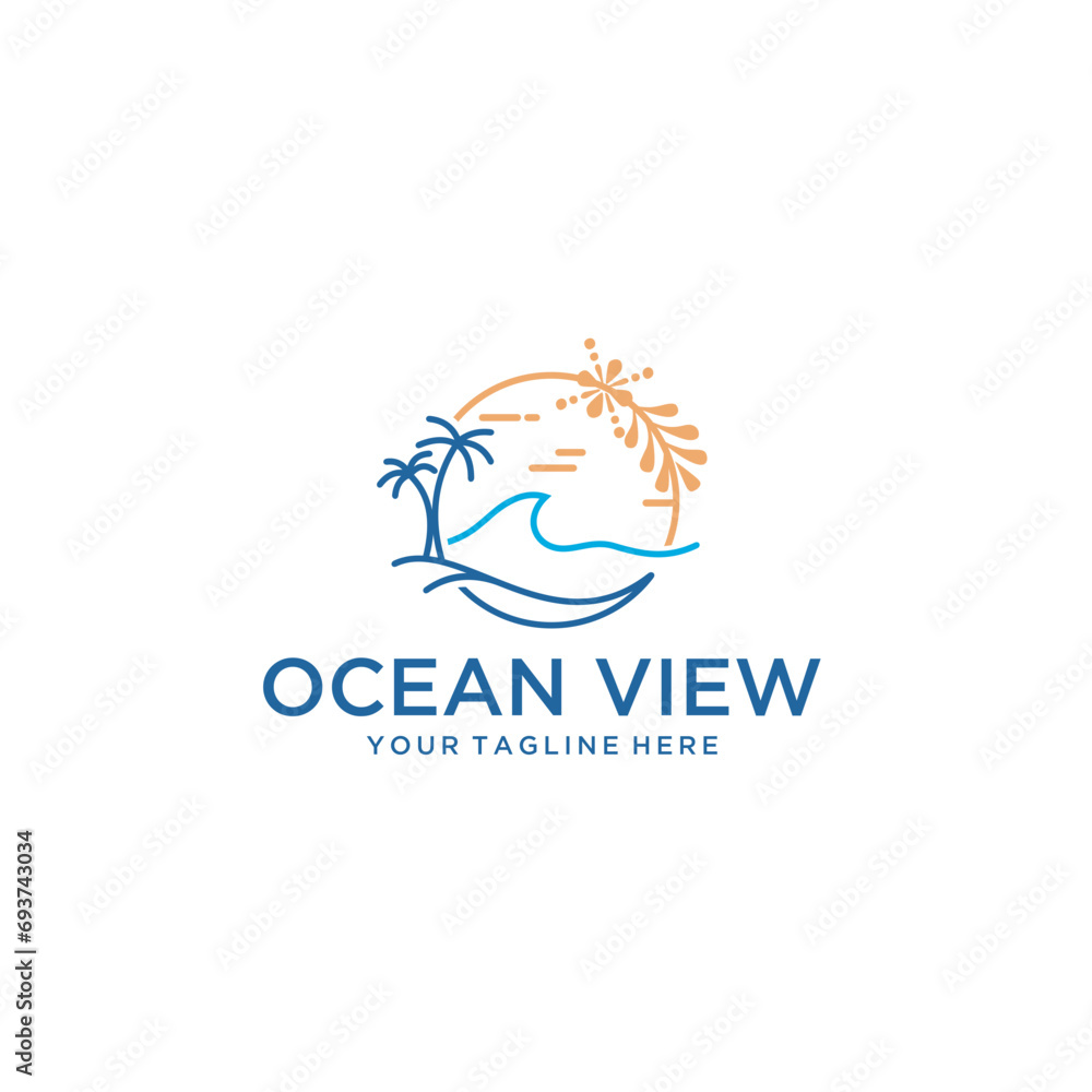 Ocean view, minimalist line art logo template vector illustration design. simple modern hotel and resort logo concept	