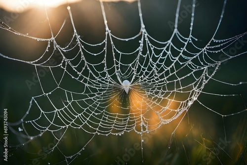 A spider's delicate web adorned with glistening dewdrops in the soft light of dawn.

