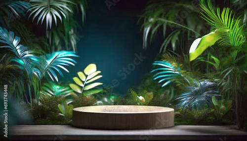 Product presentation with a wooden podium set amidst a lush tropical forest  enhanced by a vibrant green backdrop.3d rendering   waterfall  sunrise  shiny