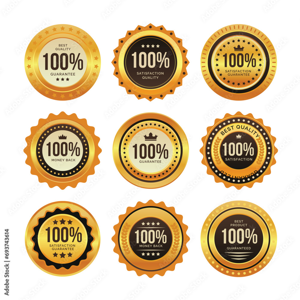 Set of 100% Gold Seal Labels Collection, Golden luxury labels, gold premium quality certificate emblems badges, Luxury and premium quality sticker tags and banners best product seals with golden crown Set of 100% Gold Seal Labels Collection, Golden luxury labels, gold premium quality certificate emblems badges, Luxury and premium quality sticker tags and banners best product seals with golden crown