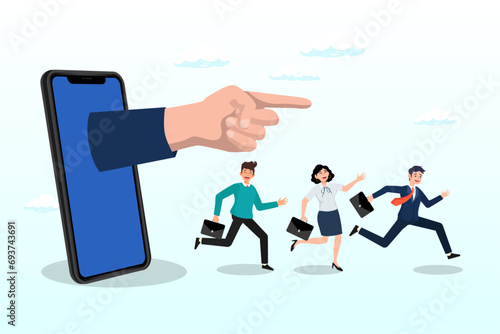 Hand pointing from mobile with people follow the way, thought leadership, influencer or key opinion leader, KOL, social marketing for advertising campaign lead or influence by expert person (Vector)