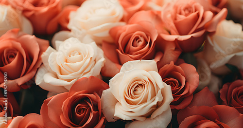 A close up of a bunch of red and white roses. Monochrome peach fuzz background.