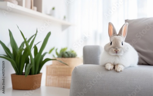 Cute small fluffy rabbit on the grey couch next to home plants. Easter concept
