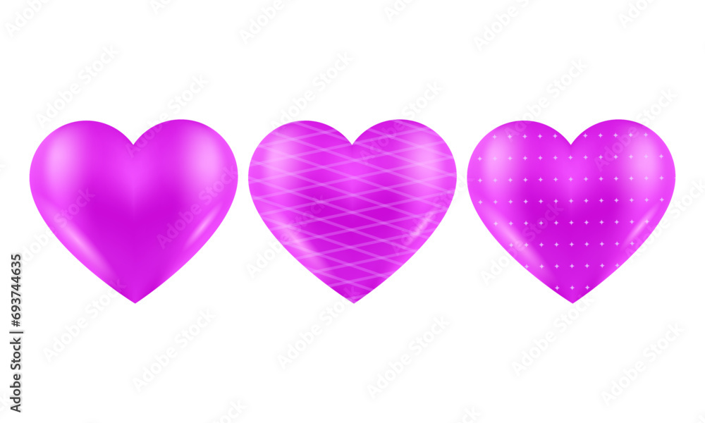 Vector Set of 3d purple hearts with pattern elements