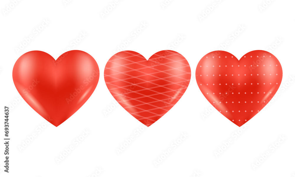 Vector Set of 3d red hearts with pattern elements