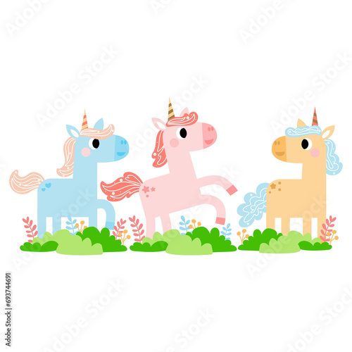 Cute unicorns, Pony or horse with magical, PNG clipart. Unicorns illustration with rainbow, stars, hearts, clouds, castle in cartoon style. © Noey smiley