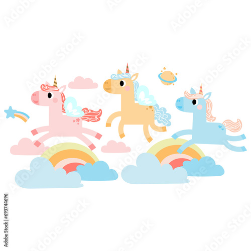 Cute unicorns  Pony or horse with magical  PNG clipart. Unicorns illustration with rainbow  stars  hearts  clouds  castle in cartoon style. 
