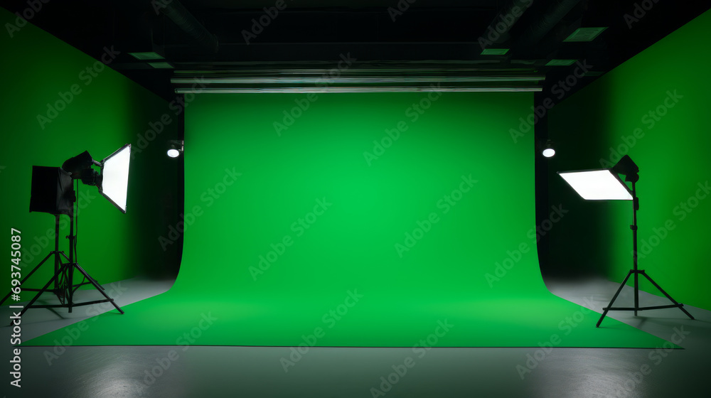 Professional photo studio setup with green chroma key background and