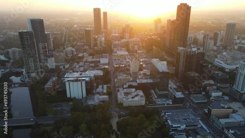 Aerial drone view of Parramatta cbd in Sydney, NSW Australia during a morning sunrise in December 2023 photo