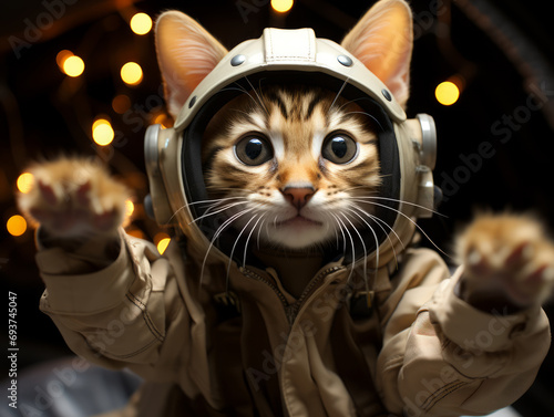 Adorable cat in astronaut helmet reaching out, warm bokeh lights. Fantasy exploration concept. Generative AI