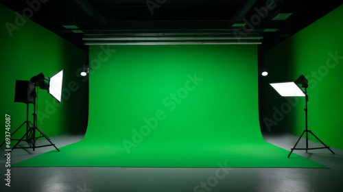 Professional photo studio setup with green chroma key background and lighting equipment. Videography concept. Generative AI photo