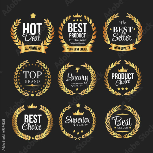 Award winner emblem with floral wreath set collection, Golden laurel wreath with ribbon.Vector laurel wreath, Set of golden laurel wreath element for winner, award, champion. Tree branch
