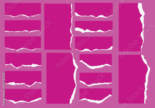Set of strips ripped torn pieces illustration. Pink torn paper collection