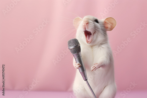 Cute white mouse singing with microphone