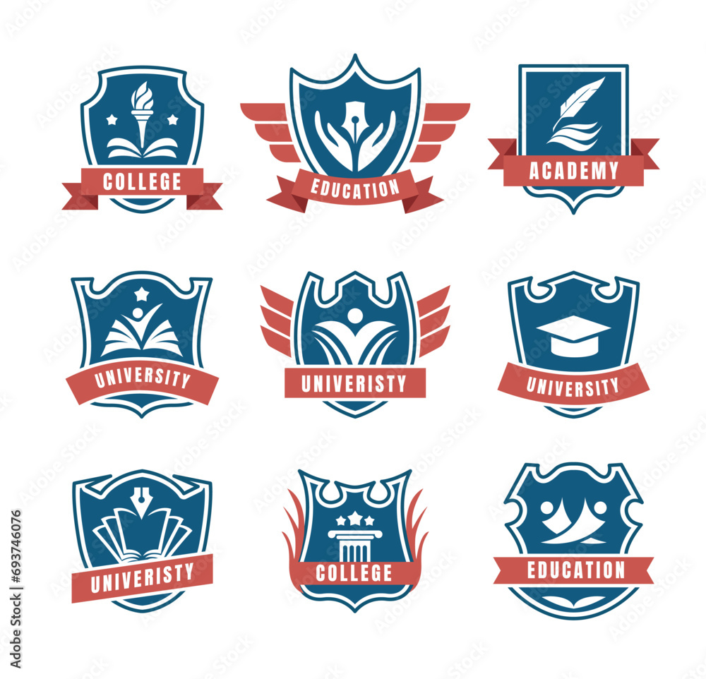 University and college school crests and logo emblems, University and education badges set collection, College Campus logo with banner, people, pen, hat. vector illustration