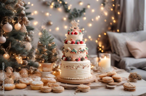 Cheerful Christmas decor and Christmas tree with fairy lights garlands and homemade cakes for breakfast