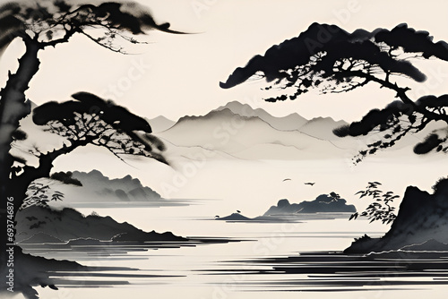 The flow of ink spreading across paper, much like a conversation with nature, brings forth the mysterious essence of the East in sumi-e. Generative AI. photo