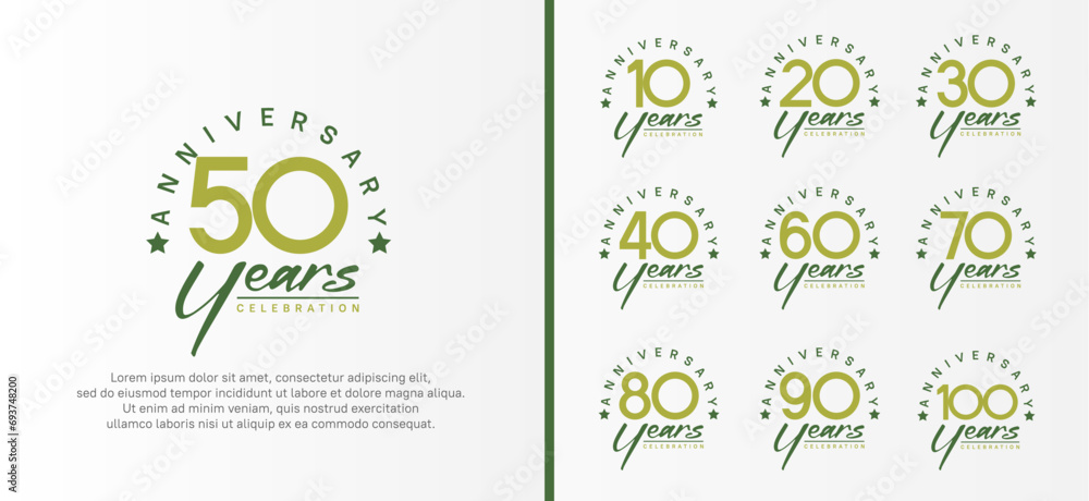 set of anniversary logo flat green color number and dark green text on white background for celebration - obrazy, fototapety, plakaty 