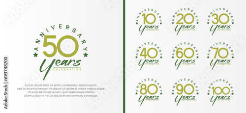 set of anniversary logo flat green color number and dark green text on white background for celebration