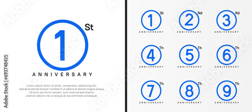 set of anniversary logo blue color number in circle and black text on white background for celebration photo