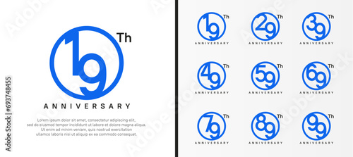 set of anniversary logo blue color number in circle and black text on white background for celebration photo