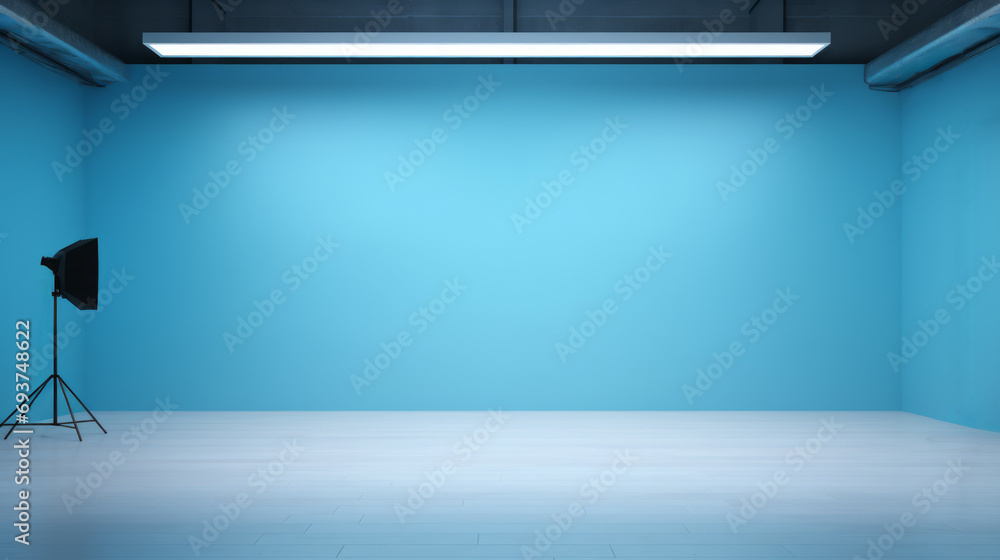 Empty photo studio with blue walls, professional lighting equipment, and white floor. Photography setup concept. Generative AI Empty photo studio with blue walls, professional lighting equipment, and white floor. Photography setup concept. Generative AI