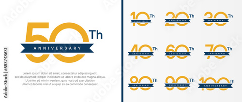 set of anniversary logo orange color number and blue ribbon on white background for celebration