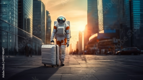 Astronaut with suitcase walking in urban cityscape at sunset. Future travel concept. Generative AI