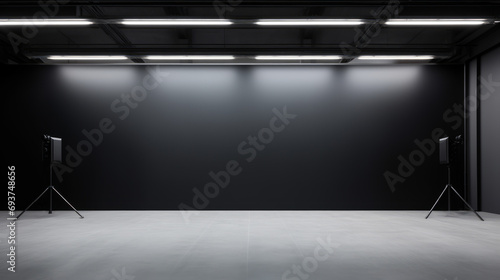 Modern photo studio with dark background, professional lighting, and sleek flooring. High-end photography environment. Generative AI
