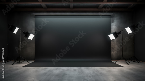 Photo studio with black backdrop, professional lighting, Concrete flooring. Dark atmosphere photography concept. Generative AI