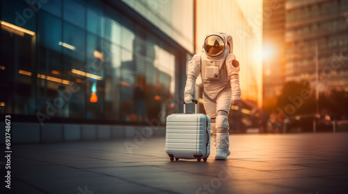 Astronaut with white suitcase strolling in city evening lights. Urban space journey travel concept. Generative AI photo