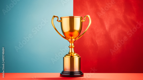 Classic gold trophy against a bold red and blue background. Generative AI