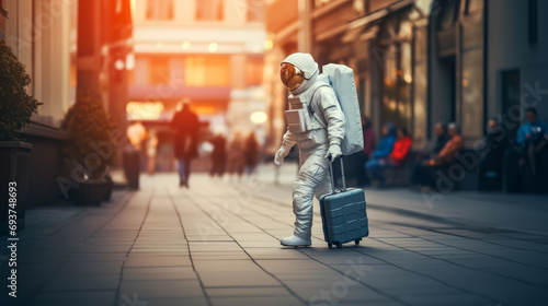 Astronaut with suitcase walk in city street area. Urban exploration concept. Generative AI © ImageFlow