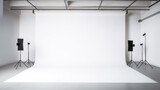 High professional photo studio with large white backdrop and lighting. Industrial design concept. Generative AI