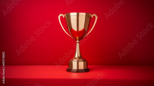 Classic gold cup on red backdrop. Achievement and recognition concept. Generative AI