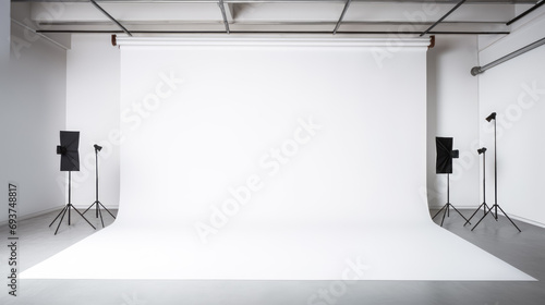 High professional photo studio with large white backdrop and lighting. Industrial design concept. Generative AI