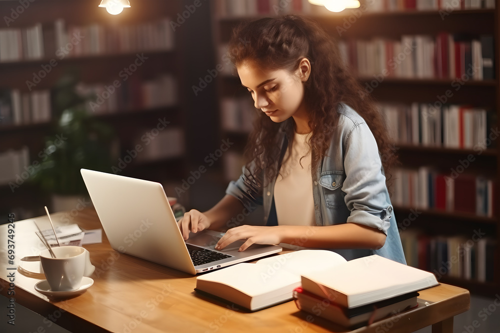 woman engrossed in her studies at a library. She is working on a laptop at a wooden table, surrounded by stacks of books woman engrossed in her studies at a library. She is working on a laptop at a wooden table, surrounded by stacks of books