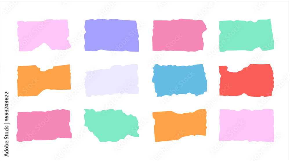 Vector set of grunge stickers, jagged paper pieces. Various colorful jagged rectangles on white background