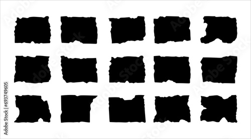 Set of black torn paper. Vector illustration. Various black silhouette rectangles isolated on white backdrop