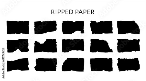 Set of vector icons with Jagged pieces of papers. Black torn rectangle frames on white backdrop.