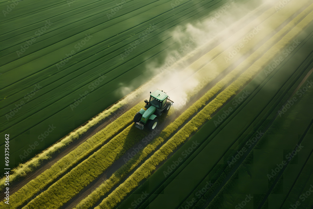 tractor at work in a vast, organized agricultural field. The tractor is tilling or plowing the soil, leaving a cloud of dust in its wake