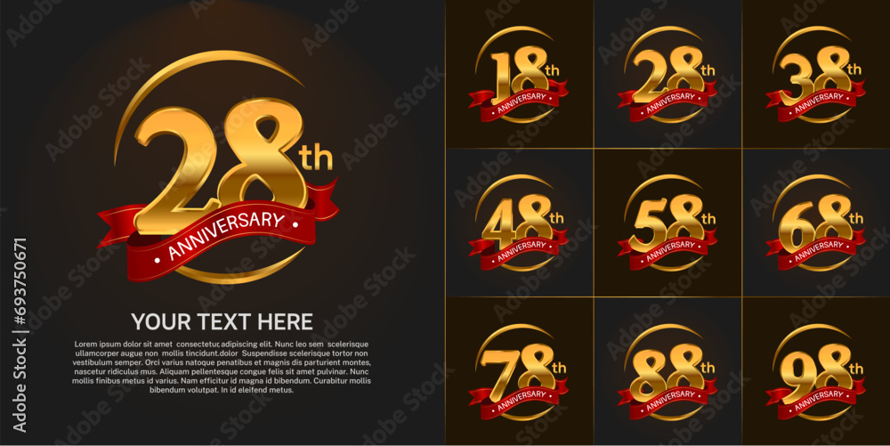 Set of Anniversary Logotype golden color with red ribbon can be use for special day celebration