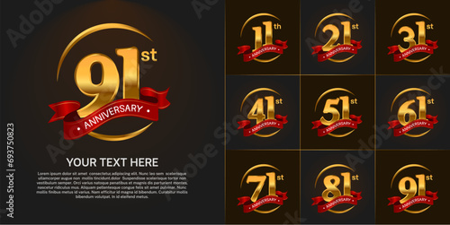 Set of Anniversary Logotype golden color with red ribbon can be use for special day celebration