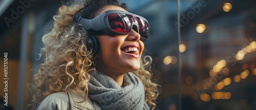 A lovely girl interacts with pals interactively using a virtual reality headset. Wear virtual reality glasses to watch entertainment. Present-day technologies of the future. photo