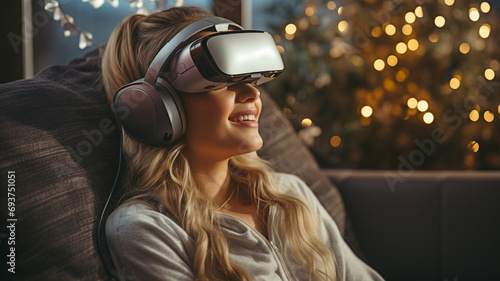 A lovely girl interacts with pals interactively using a virtual reality headset. Wear virtual reality glasses to watch entertainment. Present-day technologies of the future.
