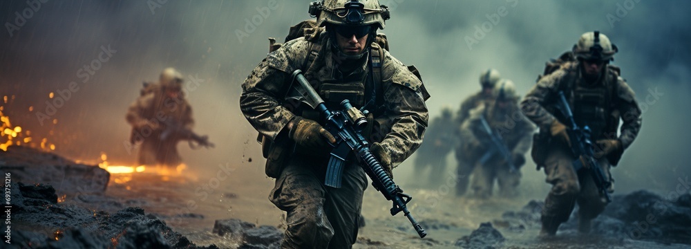 infantry assault in the mist and smoke on the battlefield. idea of war. - obrazy, fototapety, plakaty 