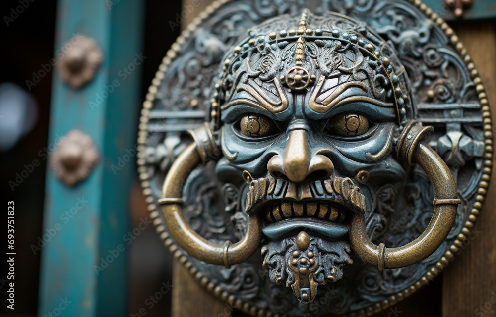 A human-faced metal door knocker. A human-faced metal door knocker.
