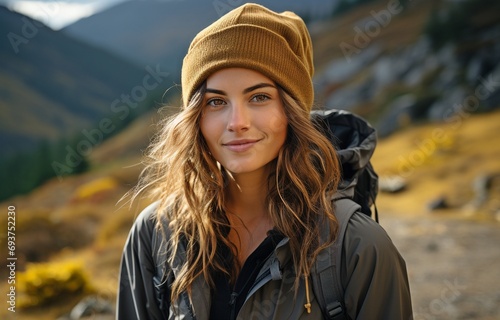 Young, lovely woman in a portrait, posing in the mountains while dressed in sportswear. Slender,