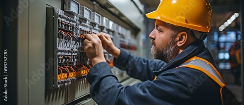 An expert is monitoring the voltage on the solar inverter. An individual measures the output voltage with a current probe. Man in a helmet pointing to the PV panel's backside inverter dial . photo